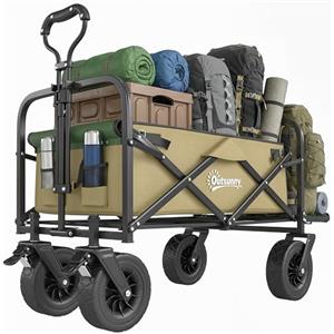 Outsunny Carrello da Giardino Pieghevole 110L con Maniglia Telescopica e Fondo Apribile, Carrello da Campeggio con Portabicchieri e Ruote, per Giardino Pesca Spesa Cachi