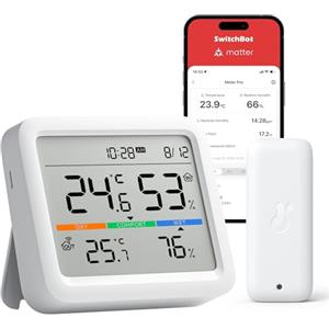 SwitchBot Bluetooth Stazione Meteorologica con IP65 Sensore Esterno, Display con Data e Ora, Esportazione Gratuita di Dati, Temperatura e Umidità, Sensore di Rugiada/VPD/Umidità Assoluta