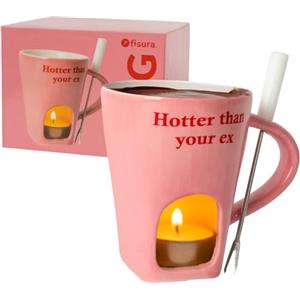 Fisura - Tazza fonduta originale per cioccolato. Fonduta di formaggio con tazza e forchettina. Mug rosa con scritta "Hotter". Regalo originale per fonduta. Capacità 140 ml.