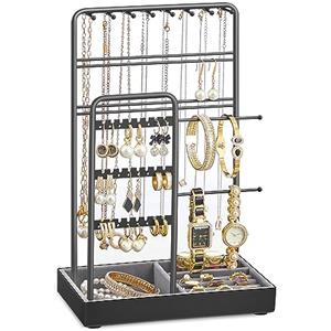 SONGMICS Portagioie, Porta Collane e Orecchini, Espositore per Gioielli, Struttura in Metallo, Vassoio in Velluto, per Collane Bracciali Orecchini Anelli, Idea regalo, Nero JJS021B01