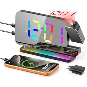 TAKRINK Sveglia con Proiettore Soffitto, 7'' Sveglia Digitale con Display Digitale 11 Colori RGB, Luci Ambiente 10 Modalità, Proiezione 180° Snooze Radio FM, 12/24H, USB-A e Type-C per Casa Ufficio