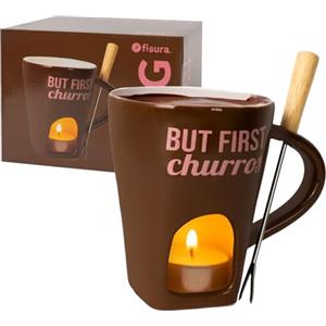 Fisura - Tazza fonduta originale per cioccolato. Fonduta di formaggio con tazza e forchettina. Mug marrone con scritta "but first churros". Regalo originale. Capacità 140 ml.