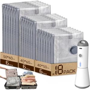 Vacbird Sacchetti Sottovuoto Vestiti con Pompa Sottovuoto Senza Fili, 18 Pezzi (6 * 40x50cm, 6 * 40x60cm, 6 * 50x60cm), Riutilizzabile Buste Sottovuoto Vestiti da Viaggio per Maglioni, Camicia, Viaggi