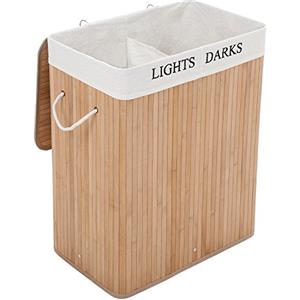 SONGMICS Cesto Portabiancheria, 100 L, Cesta per il Bucato a 2 Scomparti, in Bambù, Coperchio e Maniglie, Pieghevole, Sacchetto Estraibile e Lavabile, Lavanderia, Camera da Letto, Naturale LCB64Y