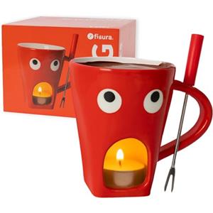 Fisura - Tazza fonduta originale per cioccolato. Fonduta di formaggio con tazza e forchettina. Mug rossa con stampa occhi per fonduta. Regalo originale. Capacità 140 ml.