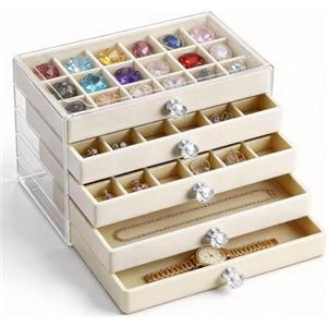 Seivunol Porta Gioielli Grande per Orecchini da 5 Cassetto, Organizer Rimovibile per Anelli Orecchini Collane Bracciali Gioielli, Rock Vetrina in Acrilico per Gemme Gossili, Regalo per Donna, Beige