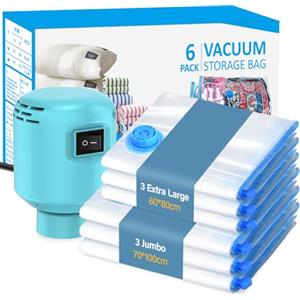KISSLEAF Sacchetti Sottovuoto Vestiti(3 Jumbo, 3 Grandi)) con Pompa Elettrica Salvaspazio 80% Viaggio Accessori Utili Sacchetti Sottovuoto per Vestiti, Piumino, Cuscini,Coperte,Trapunte, Viaggi