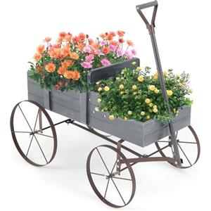 RELAX4LIFE Fioriera da Esterno a Forma di Carriola 62x34x60cm, Fioriera in Legno di Abete con 4 Ruote e Maniglia Regolabile, Carriola Portafiori con Drenaggio per Giardino, Terrazzo, Max 15kg (Grigio)