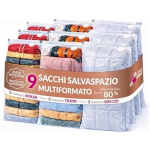 LifeChic Sacchetti Salvaspazio Sottovuoto - Set 9 Pezzi Multiformato (3×40x60 cm, 3×70x90 cm, 3×80x120 cm), Riutilizzabili con Valvola Universale, Buste Sottovuoto per Vestiti, e Cambio Stagione