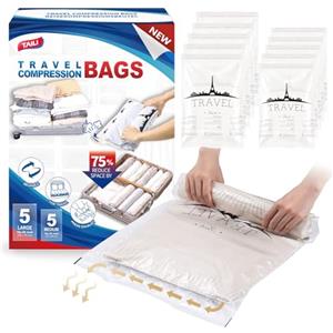 TAILI Sacchetti Sottovuoto Vestiti Viaggio 10 Pezzi 2 Taglie 70 x 45 CM, 60 x 40 CM Riutilizzabili Sacchetti Sottovuoto per Viaggio, Valigia, Zaino, Senza Pompa Necessaria Sacchetti Vestiti Viaggio