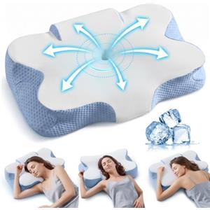 SONGMICS Cuscino Letto Cervicale, Memory Foam, Guanciale Ergonomico, Regolabile, per Chi Dorme sul Lato, sulla Schiena e sulla Pancia, con Tocco Fresco, Bianco Nuvola e Blu TBP051Q101
