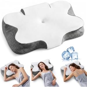 SONGMICS Cuscino Letto Cervicale, Memory Foam, Guanciale Ergonomico, Regolabile, per Chi Dorme sul Lato, sulla Schiena e sulla Pancia, con Tocco Fresco, Bianco Nuvola e Grigio Tortora TBP051G201