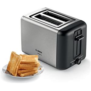 Bosch Tostapane Compatto TAT3P420, 970 W, Tostatura Uniforme, Espulsione Automatica, Vassoio Raccogli-Briciole, Funzione Scongelamento e Riscaldamento, Spegnimento Automatico, Acciaio Inox, Nero