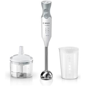 Bosch Frullatore a Immersione MSM66120, 600W, Impugnatura Ergonomica, Piede in Acciaio Inox, Lama a 4 ali Acciaio Inox, Velocità Variabile, Accessorio Tritatutto Incluso, Bicchiere Graduato, Bianco
