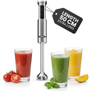 Princess Frullatore a Immersione in Acciaio Inox Prof XXL, 1500W, Asta Extra Lunga 50 cm, 5 Velocità + Turbo, 4 Lame, Bicchiere con Coperchio, Parti Lavabili, 221233