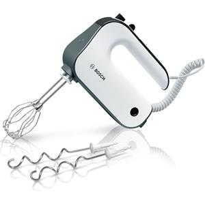 Bosch Sbattitore Elettrico MFQ49300, 850W, 5 Livelli di Velocità, Leggero e Impugnatura Comoda e Sicura, Fruste Incluse, Ganci per Impastare in Acciaio Inox Inclusi, Cavo a Spirale, Bianco, Grigio