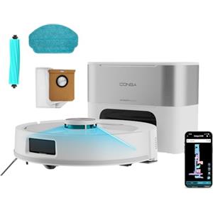 Cecotec Robot Aspirapolvere Conga Y80 Pearl. Base Autosvuotante 3L, Navigazione Laser, 25000Pa, Autonomia 240min Eco, Spazzola Silicone per Animali, Bluetooth WiFi, 1 Panno, Casa Sempre Pulita