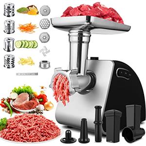 COOCHEER Tritacarne Elettrico 2000W, Multifunzione Tritacarne Tritatutto 5 in 1 Taglia Verdure con 3 piastre di macinatura, 4 lame a cono, Kuba e accessorio da pasticceria
