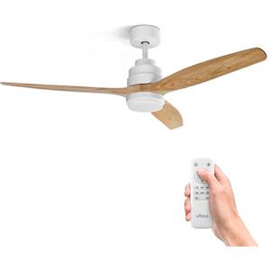Ufesa Ventilatore da Soffitto con Luce LED, 40W, 6 Velocità, Ultra Silenzioso, 3 Pale in Legno Naturale 132cm, Funzione Estate-Inverno, Timer 8h, 3 Livelli di Luce, Telecomando, Bianco - Legno Chiaro