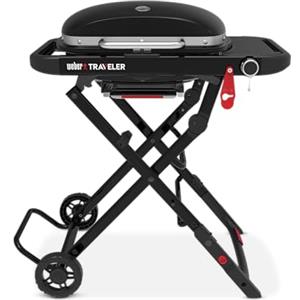 Weber Barbecue a gas Traveler Compact con carrello pieghevole e ruote/BBQ portatile, griglie in ghisa smaltata, termometro integrato, bruciatore da 3,81 kW, area di cottura 2065 cm², nero