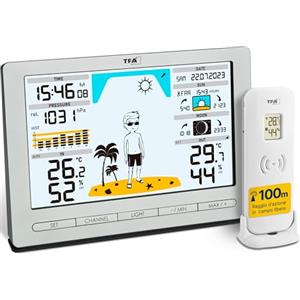 TFA Dostmann Stazione meteo radio METEO JACK, 35.1097.54,con sensore esterno, con previsioni del tempo, pressione atmosferica, fasi lunari, alba e tramonto, orologio radio, argento