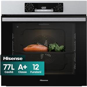 Hisense OP64211EX NUOVO Forno da Incasso Multifunzione 73 litri, Termoventilato, 3 vetri, Pulizia Pirolitica, 13 Funzioni, Pizza 300°C, AirFry, Display Touch, Guide Telescopiche, Inox con Vetro Nero