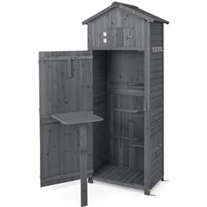 RELAX4LIFE Armadio da Esterno in Legno Massello Verniciato Grigio - Doppia Porta + Tavolino Pieghevole - Tetto in Asfalto Antipioggia - 65x42x180,5 cm - per Giardino, Patio e Cortile