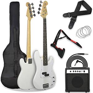 3rd Avenue Kit pacchetto basso elettrico beginner dimensioni standard 4/4 con amplificatore da 15 W, custodia, cavo di connessione, tracolla, stand e corde di riserva - Bianco