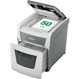 Leitz IQ Autofeed Small Office 50X P4 Distruggidocumenti Automatico a Taglio Incrociato, per 50 fogli, 20 litri - Bianco
