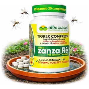 Albagarden Larvicida Zanzare Tigrex, 20 Compresse Insetticida Antilarvale, Zanzara Tigre e Comune, Tombini Pozzetti e Acque Stagnanti, Azione Residuale 4 Settimane
