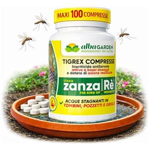 Albagarden Larvicida Zanzare Tigrex, 100 Compresse Insetticida Antilarvale Formato Maxi, Zanzara Tigre e Comune, Tombini Pozzetti e Acque Stagnanti, Pyriproxyfen IGR, Azione Residuale 4 Settimane