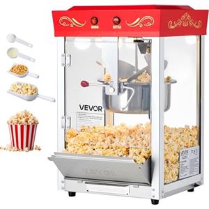 VEVOR Macchina per Popcorn, Bollitore in Acciaio Inox da 0,2 kg, 800 W, 48 Tazze per Dose, Stile Cinema, con Controllo a 2 Pulsanti, con Parete in Vetro, 1 Misurino, 3 Cucchiai, Rosso