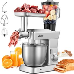 VEVOR Impastatrice Mescolatore per Cucina da 1300 W con Ciotola in Acciaio Inox 4,3 L e Ciotola per Mescolare 1,5 L, Impastatrice con 6 Velocità e Gancio per Impastare, Frusta e Sbattitore