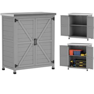 Outsunny Armadio da Esterno con Ripiano Interno e Banco da Lavoro Superiore in Acciaio Zincato, Armadio da Giardino in Legno di Abete, per Cortile e Balcone, 79x43x92 cm, Grigio