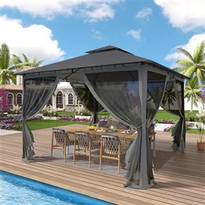 UDPATIO Gazebo da Giardino con Doppio Tetto e Zanzariera, 2.75x2.75 m, Struttura in Metallo Resistente, Gazebo Pieghevole Impermeabile per Giardino, Terrazze - Grigio