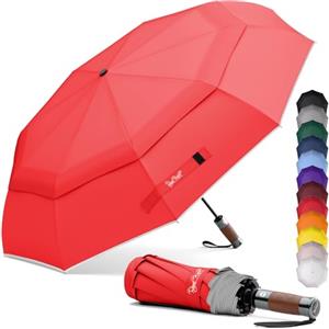 Royal Walk Ombrello Pieghevole Antivento Da Pioggia Compatto E Forte Lussuoso Vero Manico Di Legno Ombrello Portatile Automatico Aperto Chiuso Resistenti Ventilato Doppio Baldacchino Per Uomo e Donna