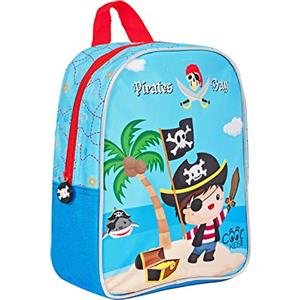 PERLETTI Zaino Bambino Stampa Pirati Compatto Azzurro Rosso - Mini Zainetto Bimbo 2 3 4 5 Anni Scuola Materna Asilo Viaggi - Cartella Piccola Bordo Catarifrangente - Dimensioni 30x24x10cm (Pirata)
