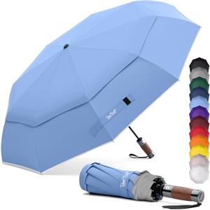 Royal Walk Ombrello tascabile, resistente alle tempeste, automatico, doppio parasole, piccolo e stabile, riflettente, con lussuoso manico in vero legno, per uomo e donna, Blu ardesia, L, Moderno
