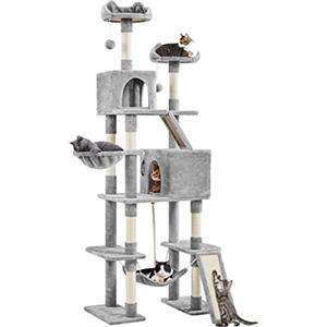 Yaheetech Albero Tiragraffi per Gatti Altezza 209 cm in Truciolato e Corda in Sisal con Condomini Posatoi e Amaca per Gioco e Pisolini Multilivello Grigio Chiaro