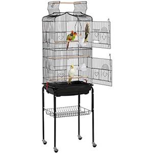 Yaheetech Gabbia Voliera per Uccelli Pappagalli Inseparabili Calopsite Parrochetti in Metallo con Piedistallo Ruote e Tetto Apribile 46 x 35 x 150,5 cm Nera