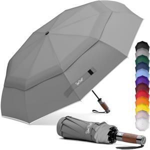Royal Walk Ombrello da viaggio pieghevole antivento, compatto e resistente, con manico in vero legno, apertura automatica, chiusura automatica, doppia tettoia per uomini e donne, Grigio, L, Moderno