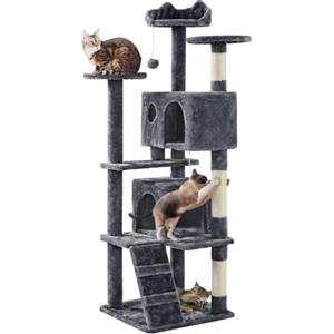 Yaheetech Albero Tiragraffi per Gatti 158 cm con 3 Pali Graffiatoi 3 Posatoi 2 Grotta 2 Pompon in Peluche a Più Livelli Giocattolo Gioco Grigio Scuro