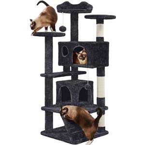 Yaheetech Albero Tiragraffi per Gatti 139 cm con 3 Pali Graffiatoi 3 Posatoi 2 Grotta 2 Pompon in Peluche a Più Livelli Giocattolo Gioco Nero