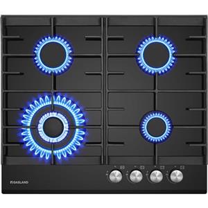 GASLAND GH604BF Piano cottura a gas in vetro con bruciatore wok, 4 fuochi, 60 cm, forno nero, 8000 Watt, GPL/Gas naturale