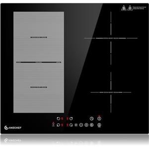 AMZCHEF Piano cottura a induzione AMZCHEF da 60 cm con 4 zone boost flessibili, 9 livelli, funzione warm up e STOP + GO, 7400W, touchscreen, blocco di sicurezza e timer