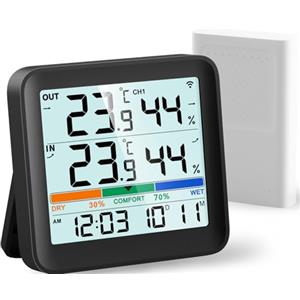 VOCOO Termometro per Interni ed Esterni Igrometro Monitor di Umidità Misuratore di Temperatura Digitale Stazioni Meteo con Retroilluminazione LCD Orologio Data Valore Min/Max Indicatore di Comfort
