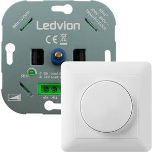 Ledvion - Interruttore Dimmer LED, LED 3-250 W/Alogeni 3-300 W, Copertura Bianca, Taglio di Fase, Dimmer Rotativo da Incasso, Variatore Rotativo LED