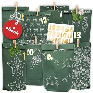 AMARI Calendario dell'Avvento da riempire, n. 23 Evergreen - 24 sacchetti di carta dell'Avvento (con clip in legno) per fai da te per Natale - sacchetti di carta di Natale