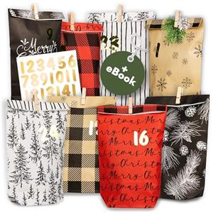 Amari ® Calendario dell'Avvento da Riempire - 24 Sacchetti di Carta per Calendario dell'Avvento (con Graffette) per il Fai da Te per Bambini - Calendario di Natale di Carta da Riempire da Solo