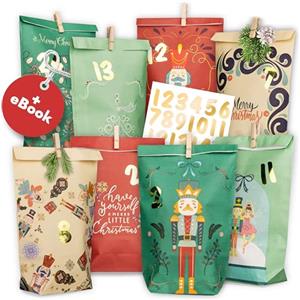 Amari ® Calendario dell'Avvento da riempire Nutcracker - 24 sacchetti di carta dell'Avvento (con clip in legno) per fai da te - sacchetti di carta di Natale